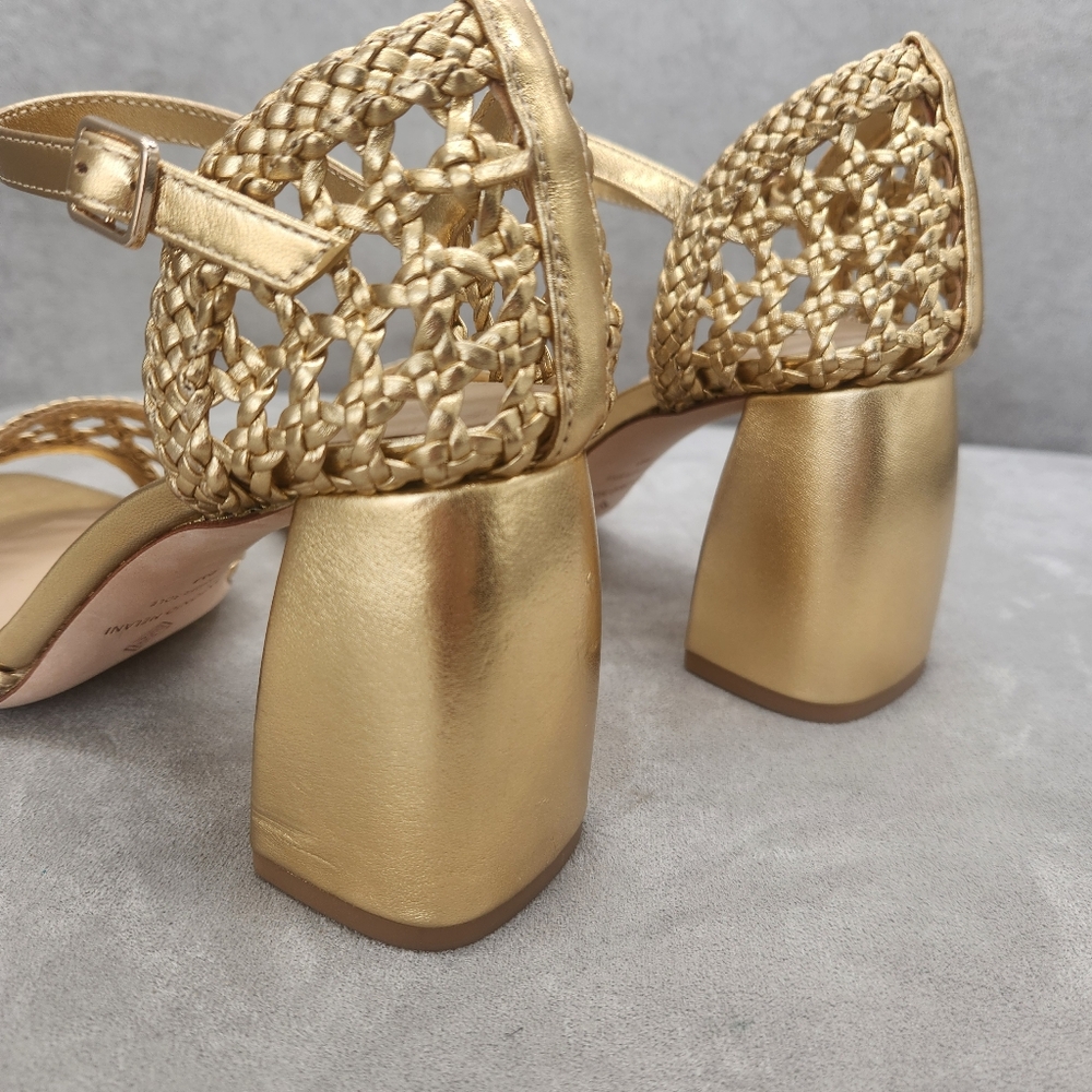 Antonio Melani Heeled Sandals 10 Golden Woven Leather Gretel Metallic New $140 - Picture 10 of 15